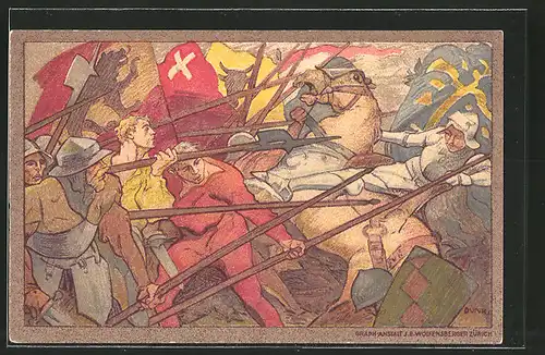 Künstler-AK Schweizer Bundesfeier 1911, Fussvolk kämpft gegen einen Ritter, Ganzsache