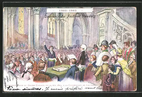 Künstler-AK Lausanne, Grand Conseil 1803 a la Cathedrale de Lausanne, Gründung des Kantons Waadt