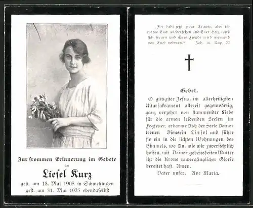 Sterbebild Liesel Kurz, geboren 1905 in Schwetzingen, gestorben 1925 daselbst, Portrait & Gebet