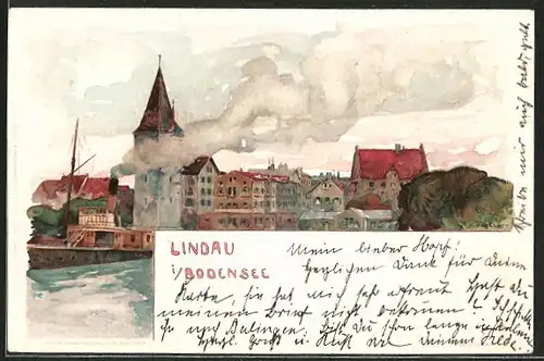 Künstler-Lithographie Fritz Voellmy: Lindau, Dampfer passiert die Stadt