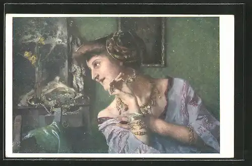 Künstler-AK Brüder Kohn (B.K.W.I) Nr. 1501: Vor dem Spiegel, junge Dame mit Schmuck, Vanitas