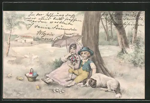 Künstler-AK V.K., Vienne Nr. 4059: zwei Kinder unter einem Baum, Hund