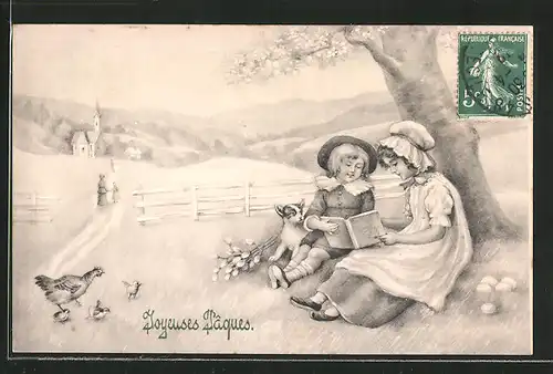 Künstler-AK V.K., Vienne Nr. 4059: zwei Kinder mit einem Buch unter einem Baum