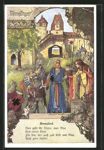 Künstler-AK T. Welzl: Deutsche Minnesänger, Hartmann von Aue, Kreuzlied, Maid und Ritter