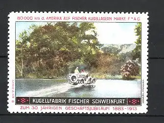 Reklamemarke Schweinfurt, Kugel Fabrik Fischer, Fischer Cabrio, Auto mit FAG-Kugellager bei Wasserdurchfahrt