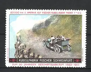 Reklamemarke Schweinfurt, Kugel Fabrik Fischer, Fischer Cabrio, Auto fährt am Abhang entlang