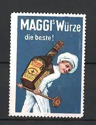 Reklamemarke Maggi's Würze, Koch schleppt riesige Maggi-Flasche