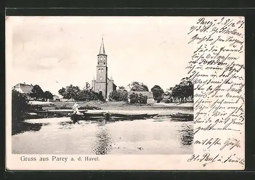 AK Parey, Blick zur Kirche, Boote auf der Havel