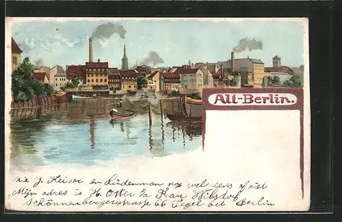 Lithographie Alt-Berlin, Partie am Wasser mit Dampfer, Fabriken