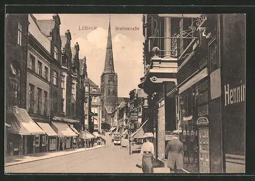 AK Lübeck, Strassenbahn in der Breitestrasse