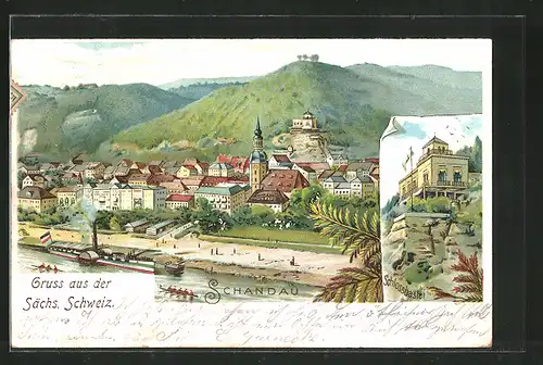 Lithographie Schandau, Panorama mit Hafen, Hotel zur Schlossbastei