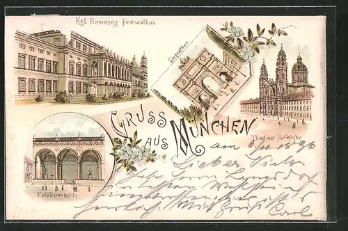 Lithographie München, Kgl. Residenz Festsaalbau, Siegesthor, Theatiner Hofkirche, Feldherrnhalle