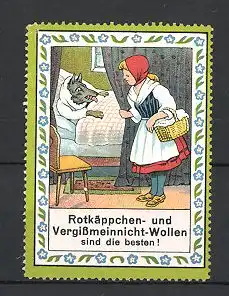 Reklamemarke Rotkäppchen & Vergissmeinnicht-Wollen, Rotkäppchen & der Wolf im Bett der Grossmutter