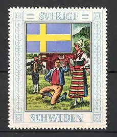Reklamemarke Schweden - Sverige, Tanzpaar in Tracht, Nationalfahne
