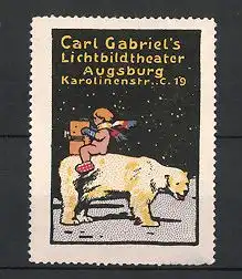 Reklamemarke Augsburg, Lichtbildtheater - Kino Carl Gabriel, nackter Knabe mit Filmkamera auf Eisbär sitzend