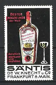 Reklamemarke Frankfurt / Main, Säntis Magen-Likör, Dr. W. Knecht & Co., Flasche Likör