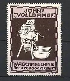 Reklamemarke John's Volldampf Waschmaschine, Waschmaschine mit Handkurbel & Ablauf-Trog