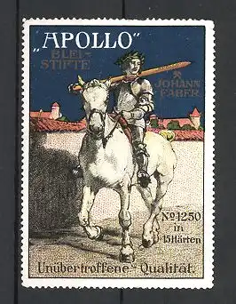 Reklamemarke Apollo Bleistifte, Johann Faber, Ritter zu Pferd mit Bleistift als Lanze