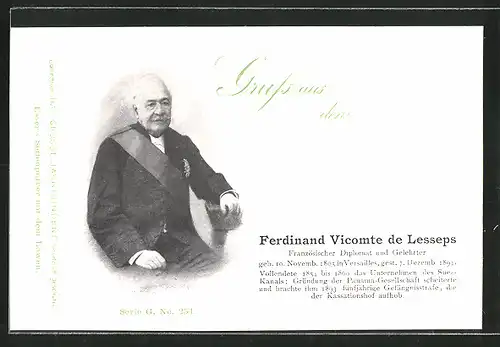 AK Ferdinand Vicomte de Lesseps, franz. Diplomat und Gelehrter