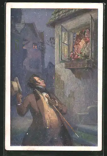 Künstler-AK Adolf Karpellus: Komponist Franz Schubert schaut zum Dreimäderlhaus empor