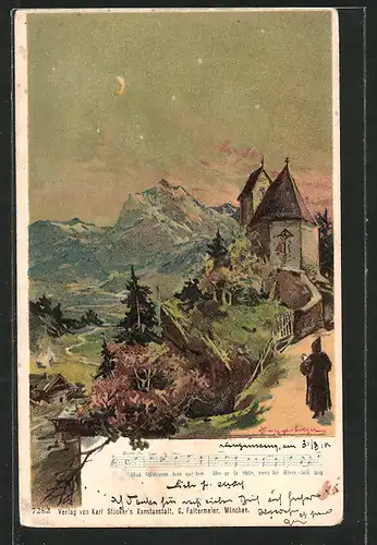 Künstler-Lithographie Theodor Guggenberger: Was schimmert dort auf dem Berge so schön..., Mönch auf Weg zu Kapelle