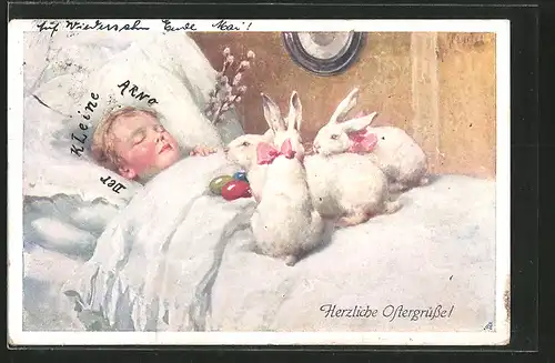Künstler-AK Karl Feiertag: Osterhasen sitzen auf dem Bett eines schlafenden Mädchens