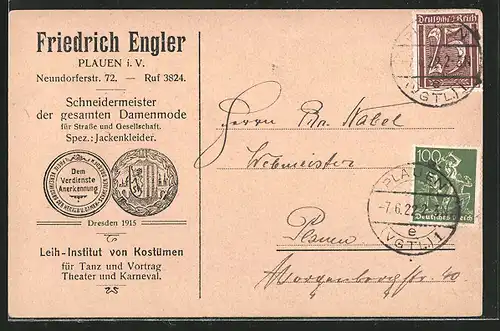 AK Plauen, Schneidermeister d. Damenmode Friedrich Engler, Neundorferstrasse 72