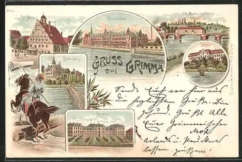 Vorläufer-Lithographie Grimma, 1895, Kaserne, Seminar, Fürstenschule, Husar mit Lanze zu Pferde