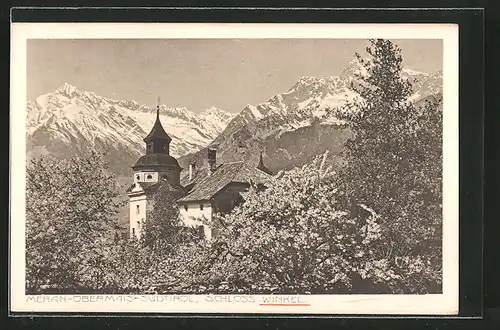 AK Meran-Obermais, Schloss Winkel mit Gebirgspanorama