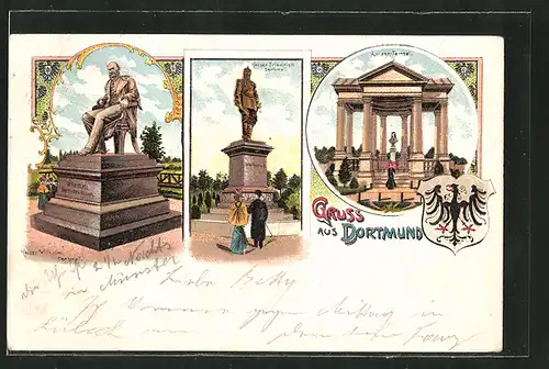 Lithographie Dortmund, Kaiser Wilhelm-Denkmal, Kaiser Friedrich-Denkmal, Luisen-Tempel, Wappen