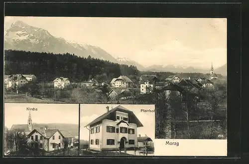 AK Morzg, Pfarrhof, Kirche, Ortsansicht mit Alpen-Panorama
