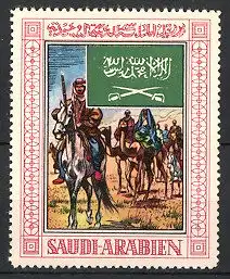 Reklamemarke Saudi-Arabien, Karawane mit Kamelen & Pferden, Fahne, Wappen