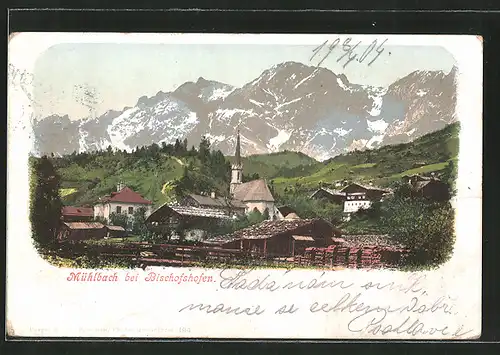 AK Mühlbach, Ortsansicht mit Kirche und Bergpanorama