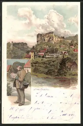 Lithographie Streitberg, Blick zur Burgruine Neideck, Briefträger sortiert Briefe