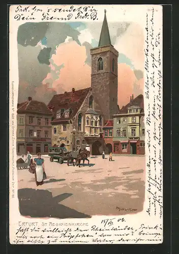 Künstler-Lithographie Alexander Marcks: Erfurt, St. Aegidienkirche mit Passaten, Pferdegespann