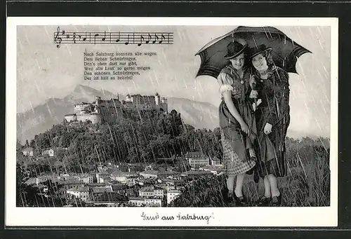 Regen-AK Salzburg, Gesamtansicht, zwei hübsche Frauen unterm Regenschirm