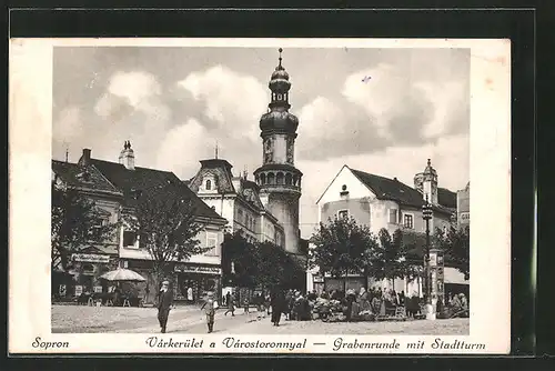 AK Sopron-Ödenburg, Varkerület a Varostoronnyal, Grabenrunde mit Stadtturm