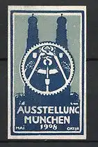 Reklamemarke München, Ausstellung 1908, Silhouette der Frauenkirche, Zunftwappen Zahnrad mit Kneifzange