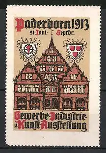 Reklamemarke Paderborn, Gewerbe-Industrie & Kunst-Ausstellung 1913, Rathaus & Wappen
