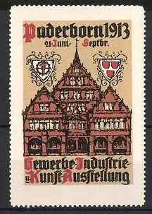 Reklamemarke Paderborn, Gewerbe-Industrie & Kunst-Ausstellung 1913, Wappen und Rathaus