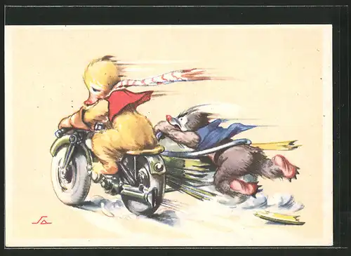 Künstler-AK Entlein und Maulwurf rasen auf Motorrad mit Seitenwagen