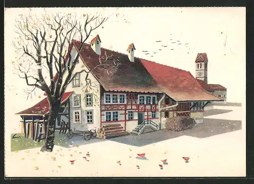 Künstler-AK Schweizer Wandkalender 1949, Ostschweizer Dreisässenhaus
