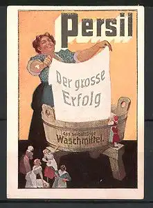 Reklamemarke Persil Waschmittel, Hausfrau am Waschzuber beim Wäsche waschen