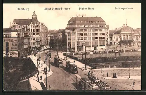 AK Hamburg-St.Georg, Strassenbahn in der Ernst Merck-Strasse, Bieberhaus, Schauspielhaus