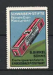Reklamemarke Endersbach, Schwaben-Stifte Eier-Makkaroni, B. Birkel Söhne Eierteigwarenfabrik, Packung Nudeln