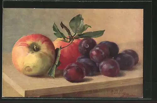 Künstler-AK M. Billing: Stillleben mit Äpfeln und Pflaumen
