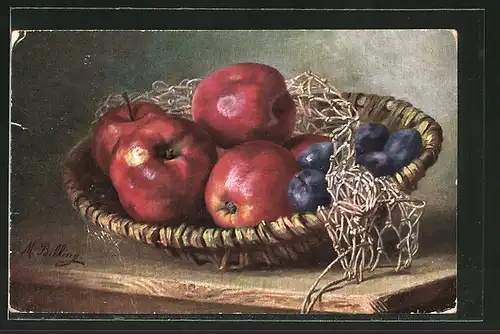 Künstler-AK M. Billing: Korbschale mit Äpfeln und Pflaumen