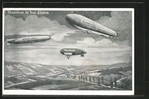 AK Manöver in den Lüften, Luftschiff "Zeppelin", "Schütte-Lanz" & "Parseval"