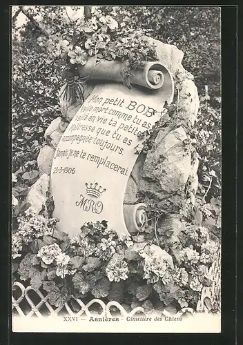 AK Asnières, Cimetière des Chiens, Hundefriedhof, Grabstein von Bob