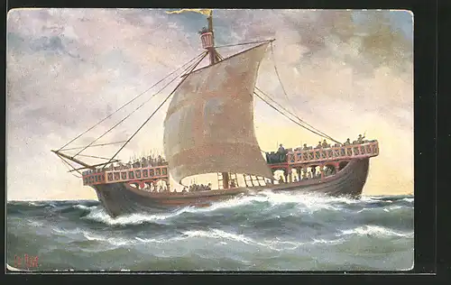 Künstler-AK Christopher Rave: Englisches Kriegsschiff auf hoher See, 13. Jahrhundert